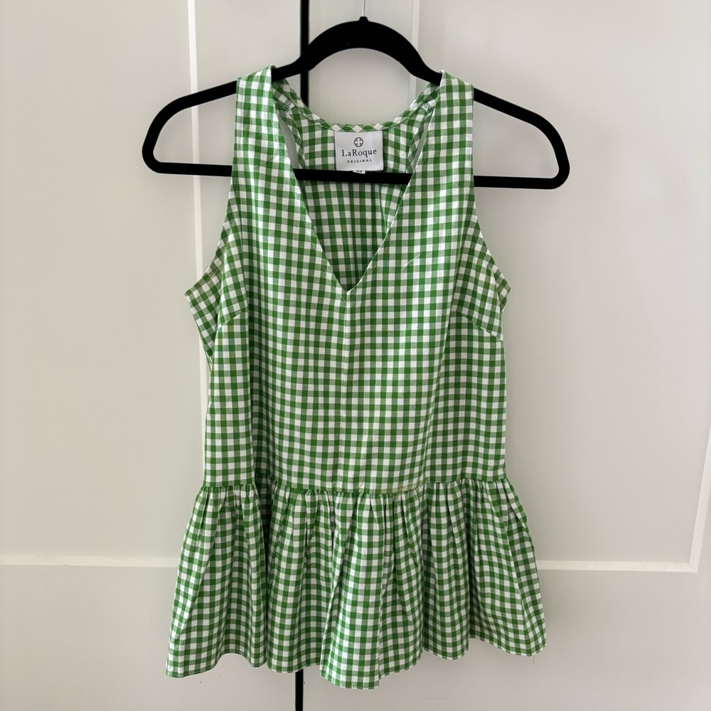LaRoque Green Gingham V-Neck Peplum Top